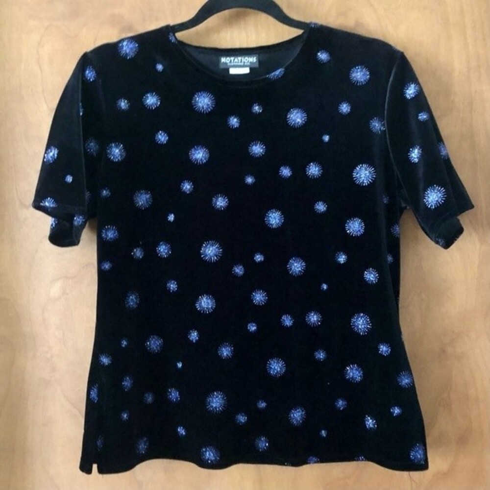 Vintage Y2K Notations Velour Glitter Starburst Firework Short Sleeve Shirt Small